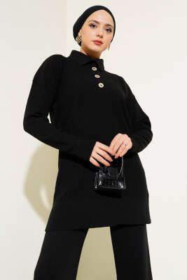 Düğmeli Fitilli Gömlek Yaka Triko Takım Siyah - Triko İkili Takım