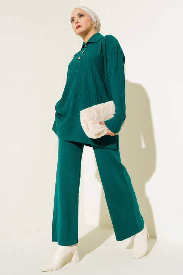 Düğmeli Fitilli Gömlek Yaka Triko Takım Zümrüt - İkili Takım