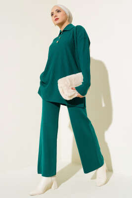 Düğmeli Fitilli Gömlek Yaka Triko Takım Zümrüt - Triko İkili Takım