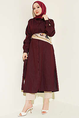 Düğmeli Fularlı Uzun Tunik Bordo - HATUN