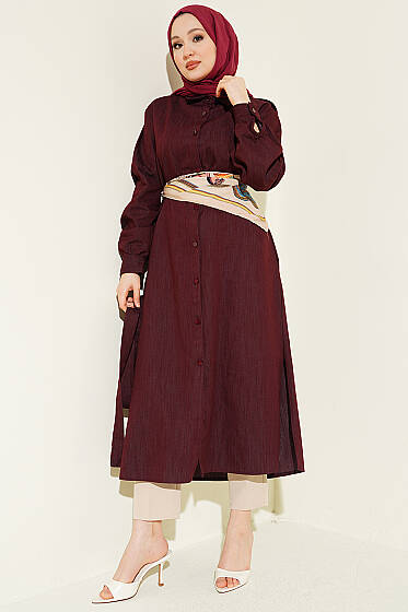 Düğmeli Fularlı Uzun Tunik Bordo - Tunik