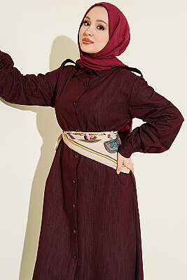 Düğmeli Fularlı Uzun Tunik Bordo - Tunik