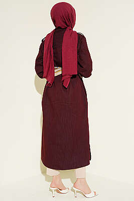 Düğmeli Fularlı Uzun Tunik Bordo - Tunik