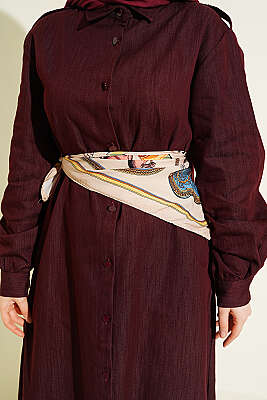 Düğmeli Fularlı Uzun Tunik Bordo - Tunik