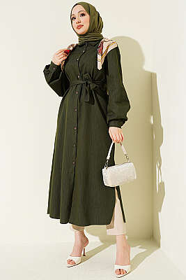 Düğmeli Fularlı Uzun Tunik Haki - HATUN
