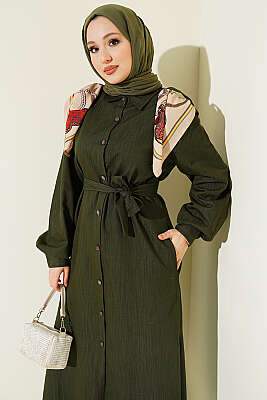 Düğmeli Fularlı Uzun Tunik Haki - Tunik