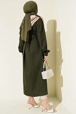 Düğmeli Fularlı Uzun Tunik Haki - Tunik