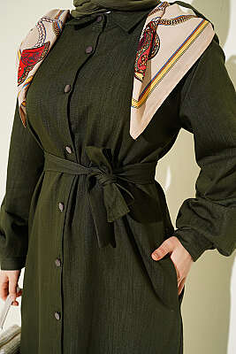 Düğmeli Fularlı Uzun Tunik Haki - Tunik