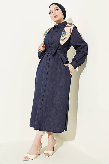 Düğmeli Fularlı Uzun Tunik İndigo - Tunik