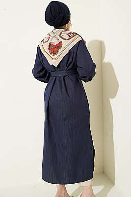 Düğmeli Fularlı Uzun Tunik İndigo - Tunik