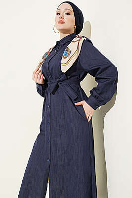 Düğmeli Fularlı Uzun Tunik İndigo - Tunik