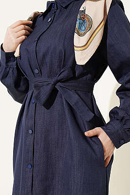 Düğmeli Fularlı Uzun Tunik İndigo - Tunik