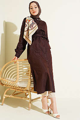 Düğmeli Fularlı Uzun Tunik Kahve - HATUN