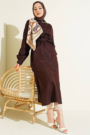 Düğmeli Fularlı Uzun Tunik Kahve - Tunik