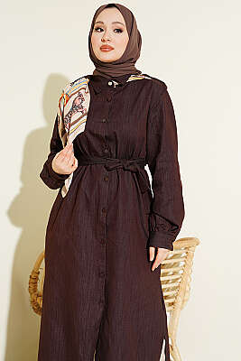 Düğmeli Fularlı Uzun Tunik Kahve - Tunik