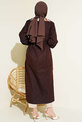 Düğmeli Fularlı Uzun Tunik Kahve - Tunik