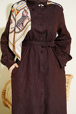 Düğmeli Fularlı Uzun Tunik Kahve - Tunik