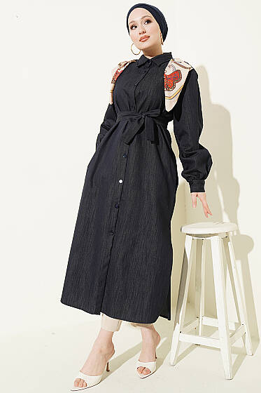 Düğmeli Fularlı Uzun Tunik Lacivert - Tunik