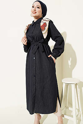 Düğmeli Fularlı Uzun Tunik Lacivert - Tunik