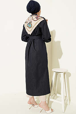 Düğmeli Fularlı Uzun Tunik Lacivert - Tunik