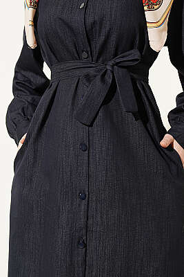 Düğmeli Fularlı Uzun Tunik Lacivert - Tunik