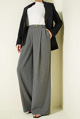 Düğmeli Geniş Paça Kumaş Pantolon Füme - FİXAY