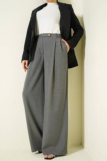 Düğmeli Geniş Paça Kumaş Pantolon Füme - Pantolon