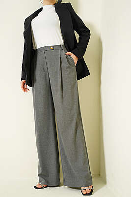 Düğmeli Geniş Paça Kumaş Pantolon Füme - Pantolon