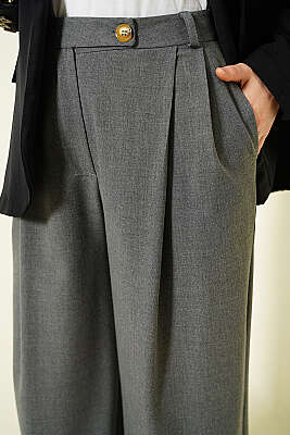 Düğmeli Geniş Paça Kumaş Pantolon Füme - Pantolon