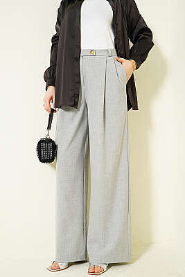 Düğmeli Geniş Paça Kumaş Pantolon Gri - Pantolon
