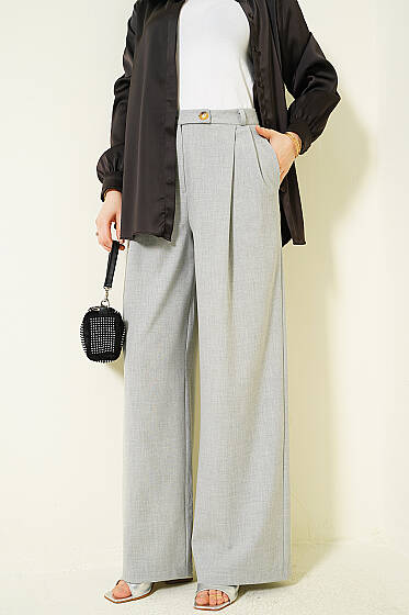 Düğmeli Geniş Paça Kumaş Pantolon Gri - Pantolon