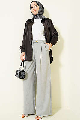 Düğmeli Geniş Paça Kumaş Pantolon Gri - Pantolon