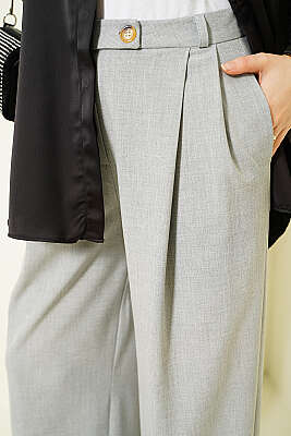 Düğmeli Geniş Paça Kumaş Pantolon Gri - Pantolon