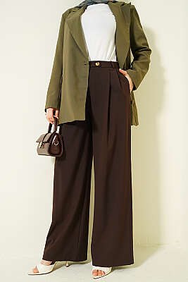 Düğmeli Geniş Paça Kumaş Pantolon Kahve - FİXAY