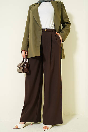 Düğmeli Geniş Paça Kumaş Pantolon Kahve - Pantolon