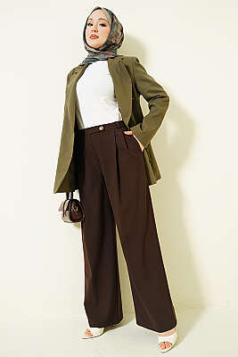 Düğmeli Geniş Paça Kumaş Pantolon Kahve - Pantolon