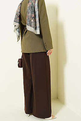 Düğmeli Geniş Paça Kumaş Pantolon Kahve - Pantolon