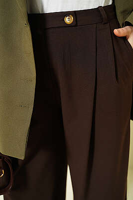 Düğmeli Geniş Paça Kumaş Pantolon Kahve - Pantolon