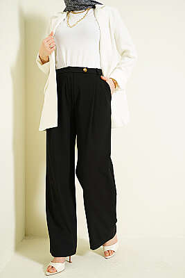 Düğmeli Geniş Paça Kumaş Pantolon Siyah - FİXAY