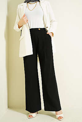 Düğmeli Geniş Paça Kumaş Pantolon Siyah - Pantolon