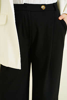 Düğmeli Geniş Paça Kumaş Pantolon Siyah - Pantolon