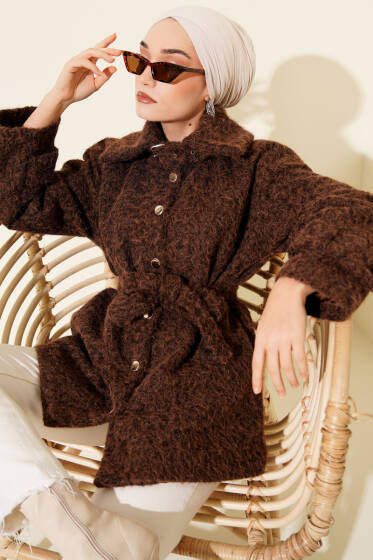 Düğmeli Gömlek Yaka Keçe Ceket Kahve - Ceket