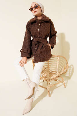 Düğmeli Gömlek Yaka Keçe Ceket Kahve - Ceket