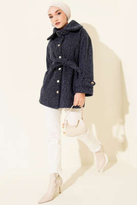 Düğmeli Gömlek Yaka Keçe Ceket Lacivert - Ceket