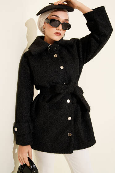 Düğmeli Gömlek Yaka Keçe Ceket Siyah - Ceket