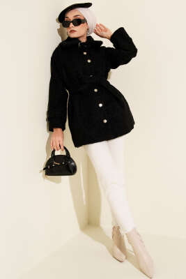 Düğmeli Gömlek Yaka Keçe Ceket Siyah - Ceket