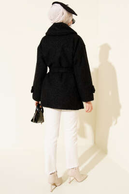 Düğmeli Gömlek Yaka Keçe Ceket Siyah - Ceket