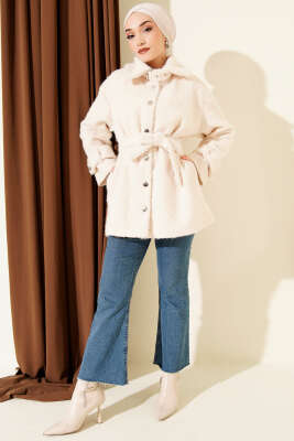 Düğmeli Gömlek Yaka Keçe Ceket Taş - Ceket