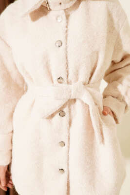 Düğmeli Gömlek Yaka Keçe Ceket Taş - Ceket