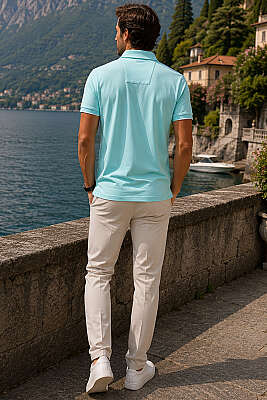 Düğmeli Gömlek Yaka Şeritli Erkek T-shirt Aqua - Erkek T-shirt
